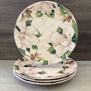 Pier 1 Magnolia Ironstone Floral Pattern 10.5" Dinner Plates Set of Four RARE